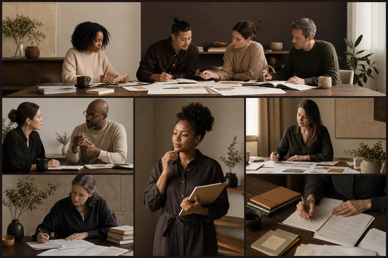 Educator arranging curriculum notes in a quiet studio